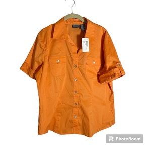 Chico's Women's Cotton Short Sleeve "Jonah" Button Up Shirt Top Blouse Orange L